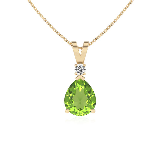 natural peridot pear solitaire v-bale necklaces in yellow gold 