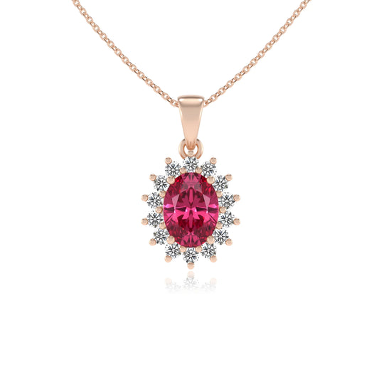 lab grown pink-tourmaline oval halo necklaces in rose gold 