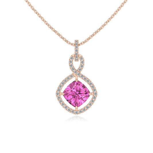 lab grown pink-sapphire cushion infinity necklaces in rose gold 