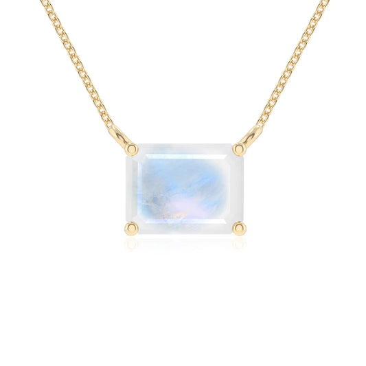 natural rainbow-moonstone emerald cut solitaire necklaces in yellow gold 