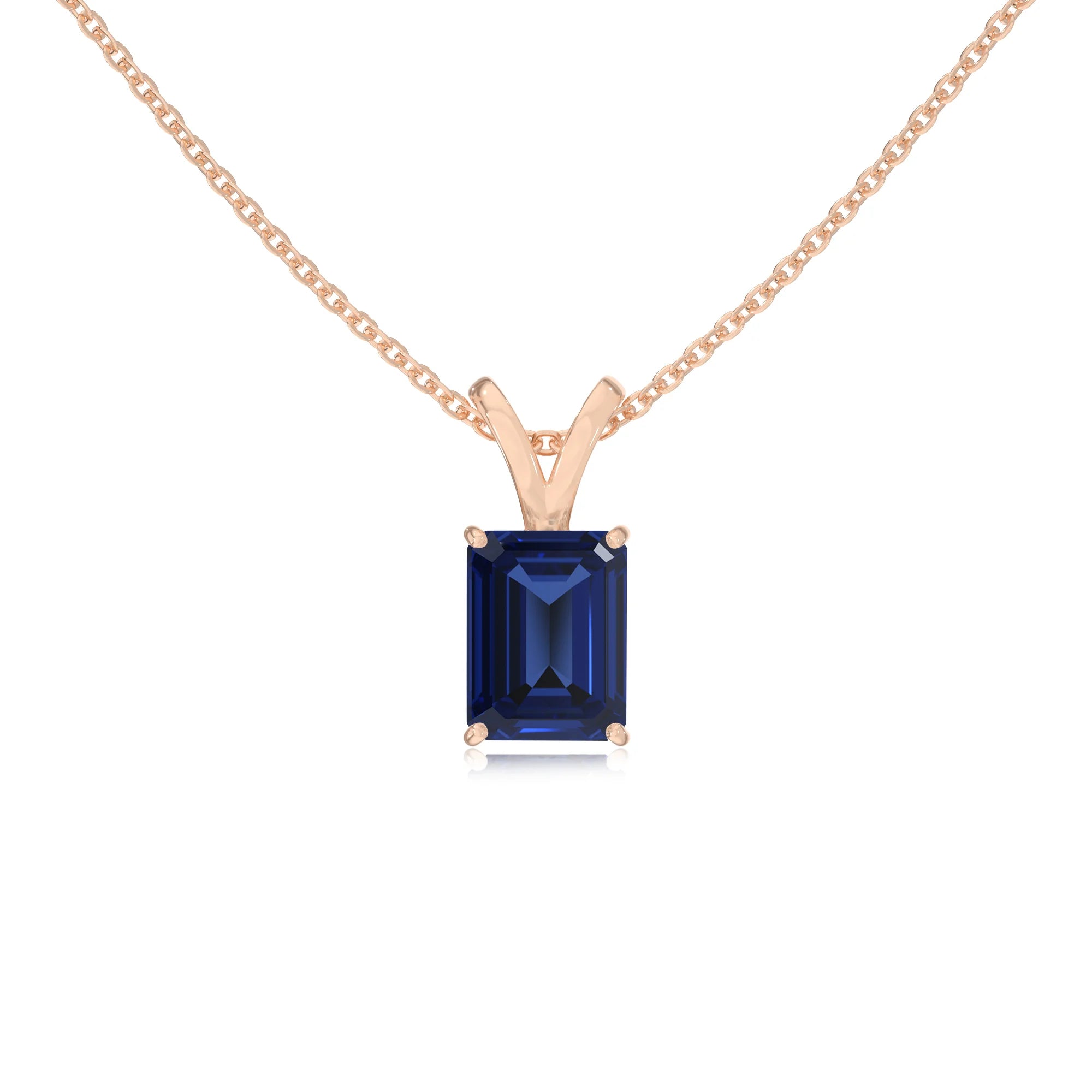 lab grown blue-sapphire emerald cut solitaire v-bale necklaces in rose gold 