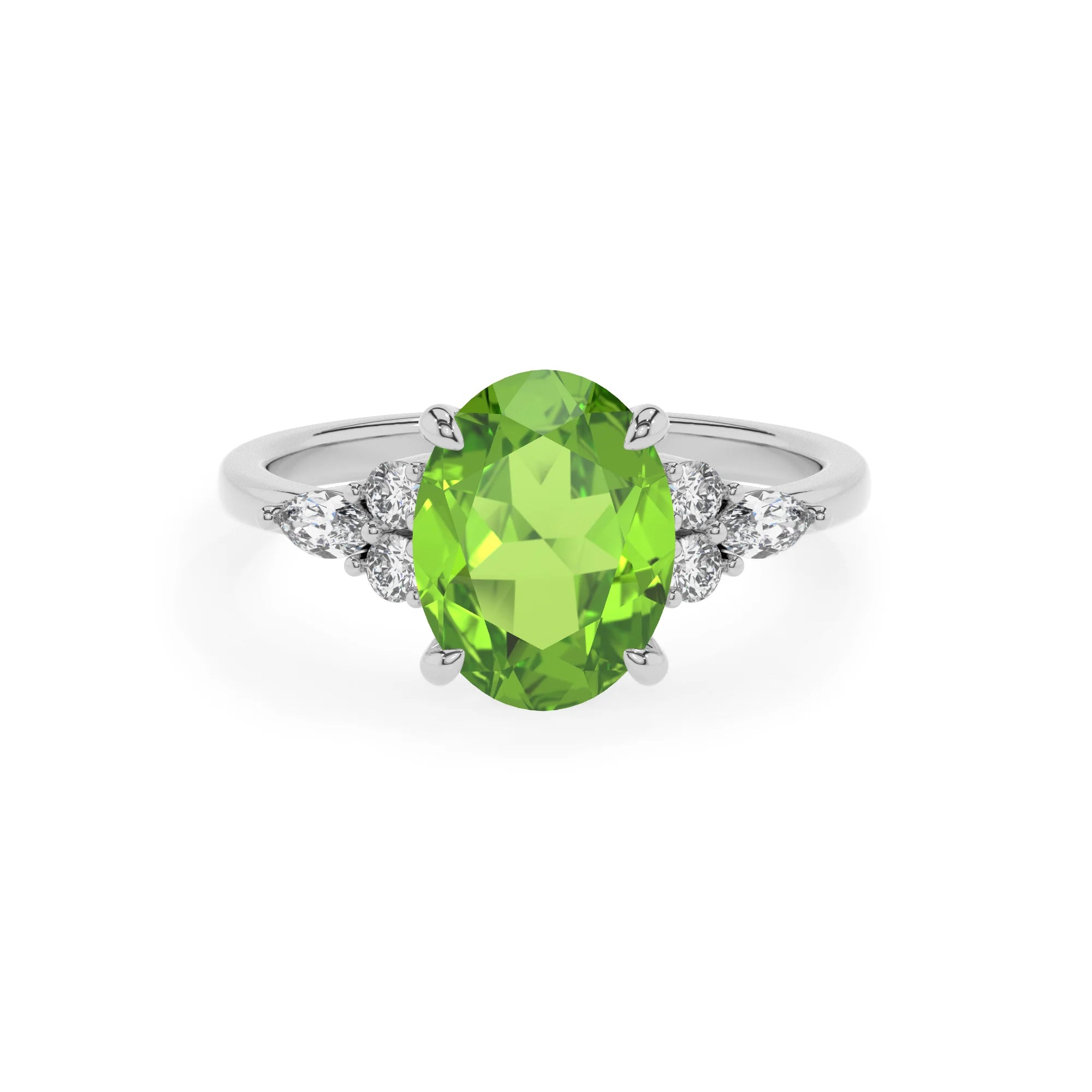 natural peridot oval solitaire rings in white gold 