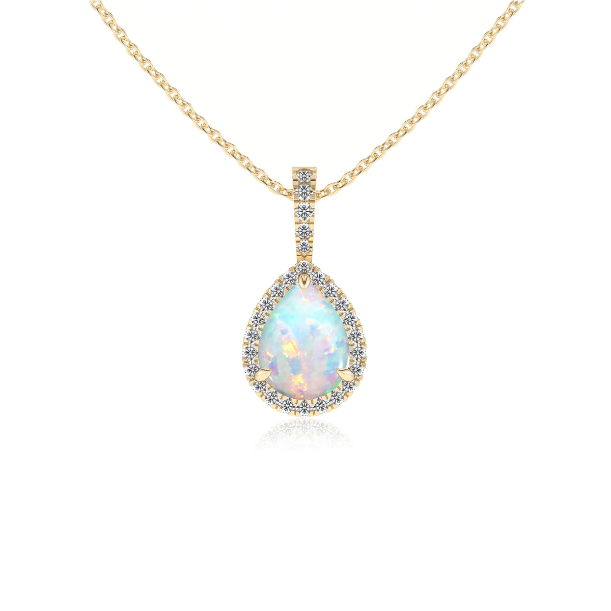 lab grown opal pear solitaire necklaces in yellow gold 