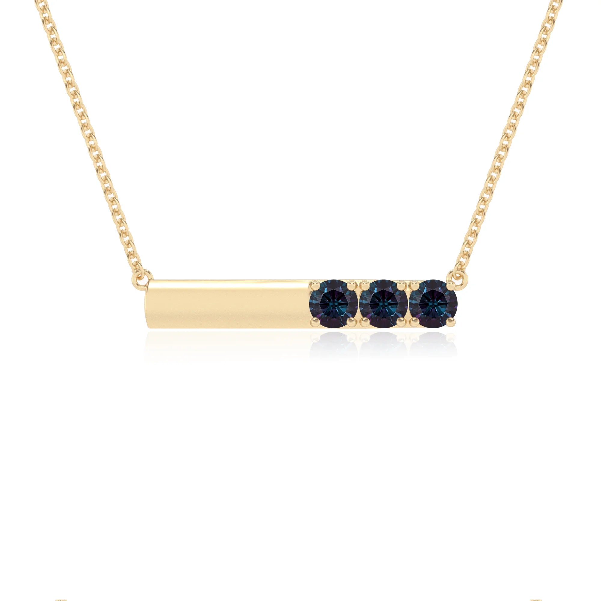 lab grown alexandrite round bar v-bale necklaces in yellow gold 