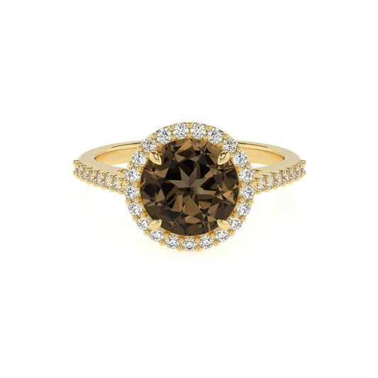 natural smoky-quartz round solitaire rings in yellow gold 