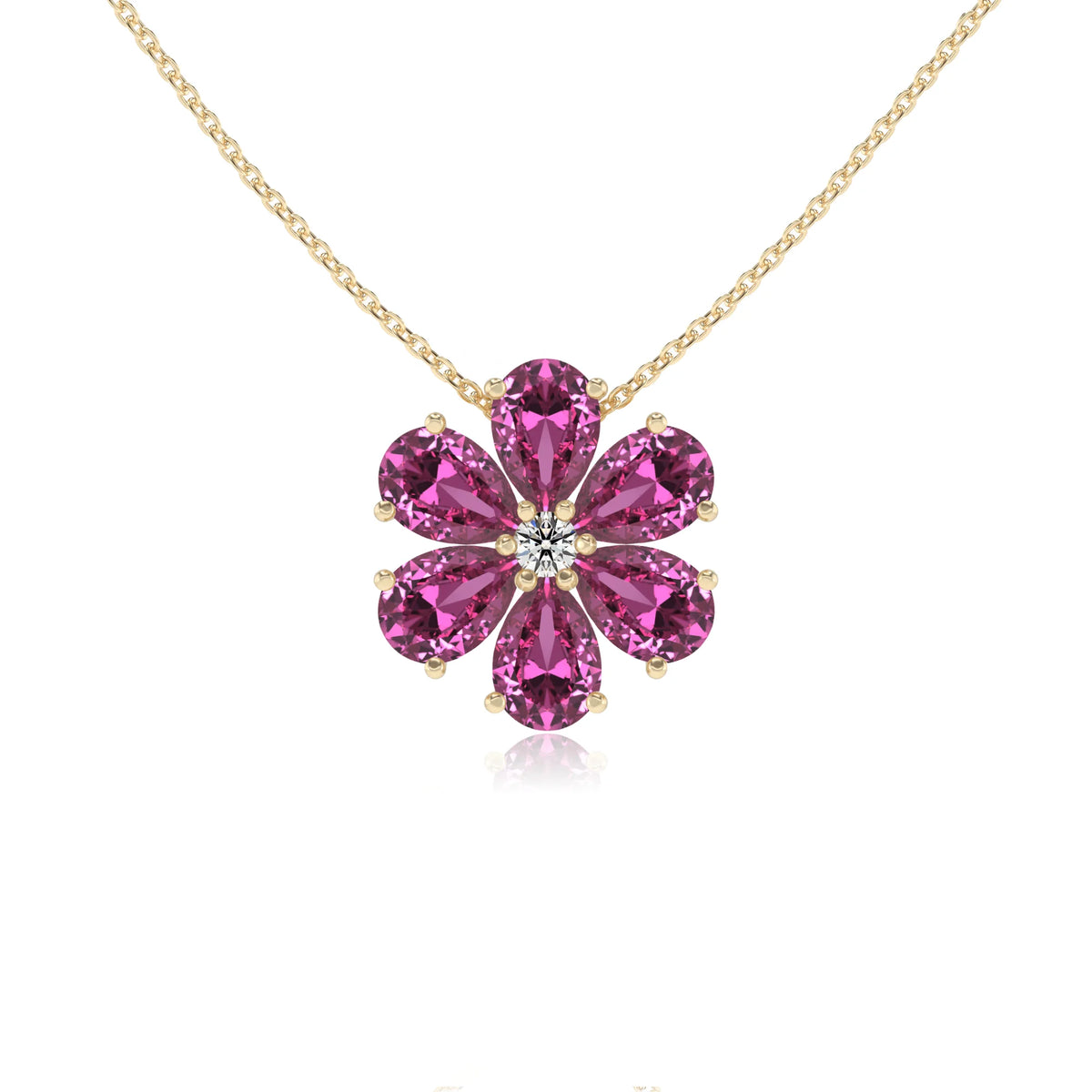 lab grown pink-sapphire pear solitaire necklaces in yellow gold 