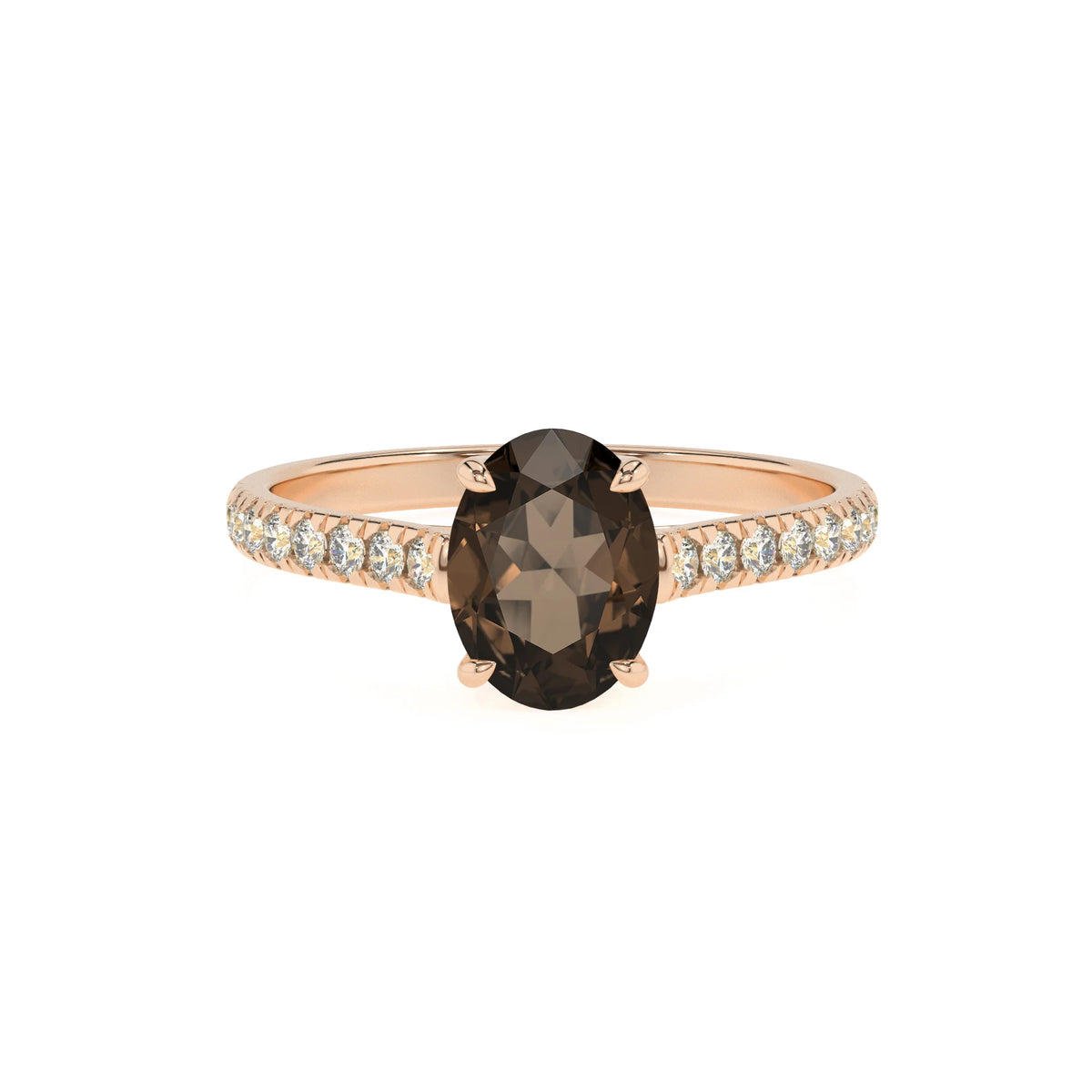 natural smoky-quartz oval half eternity solitaire engagement rings in rose gold 