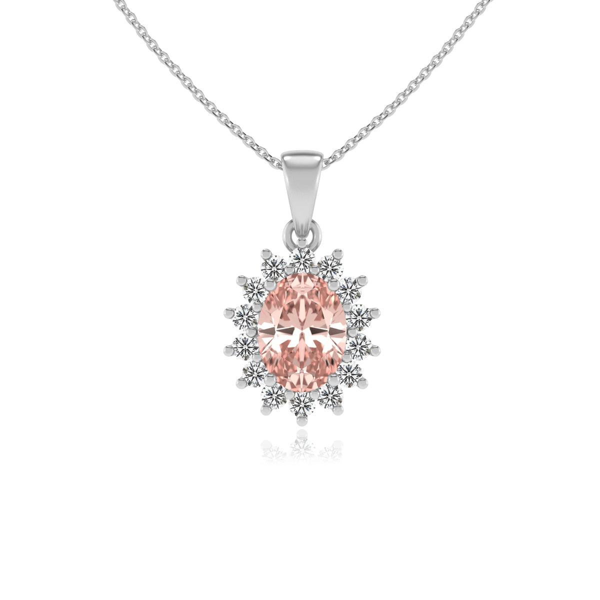 lab grown morganite oval halo necklaces in sterling silver 