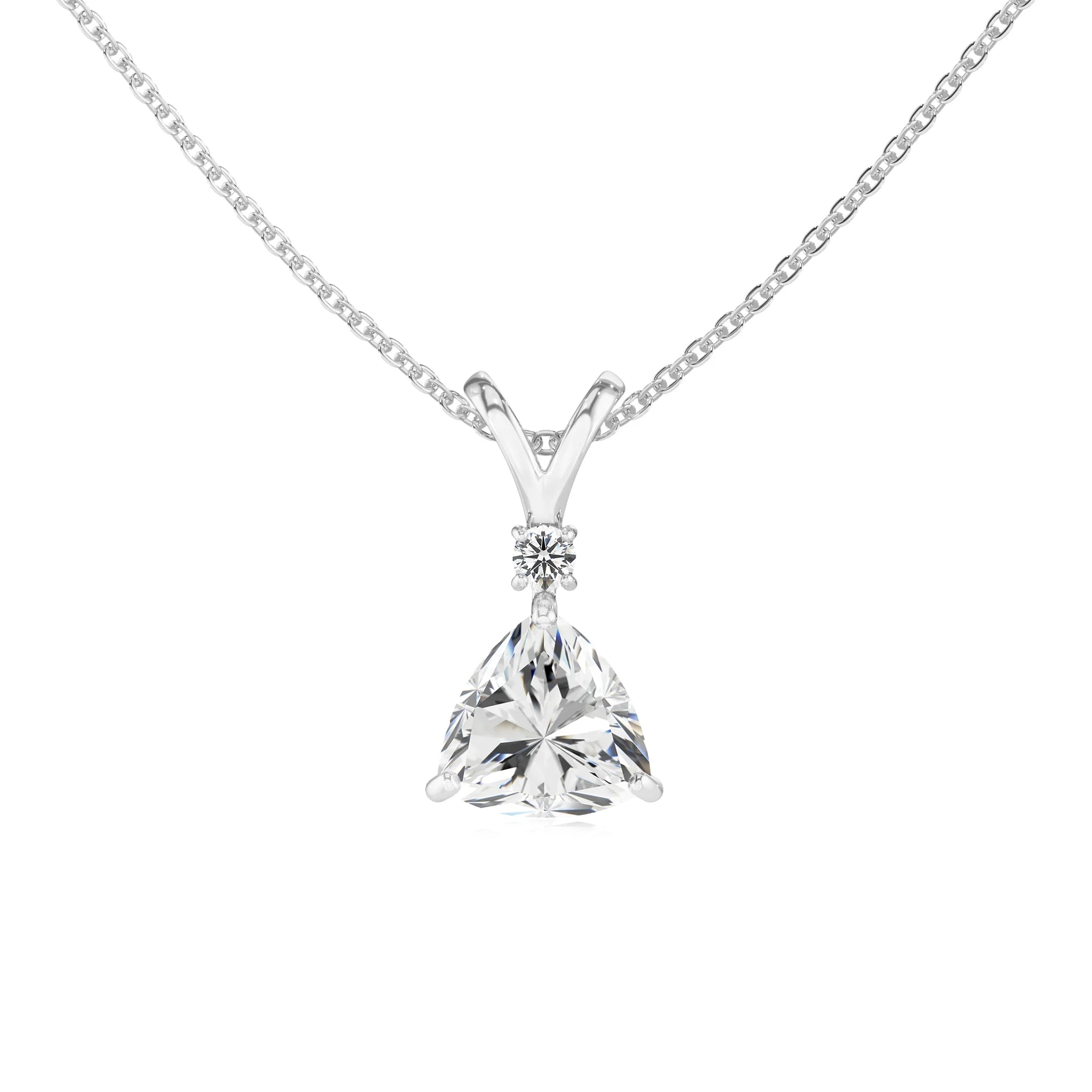 lab grown moissanite trillion solitaire v-bale necklaces in white gold 