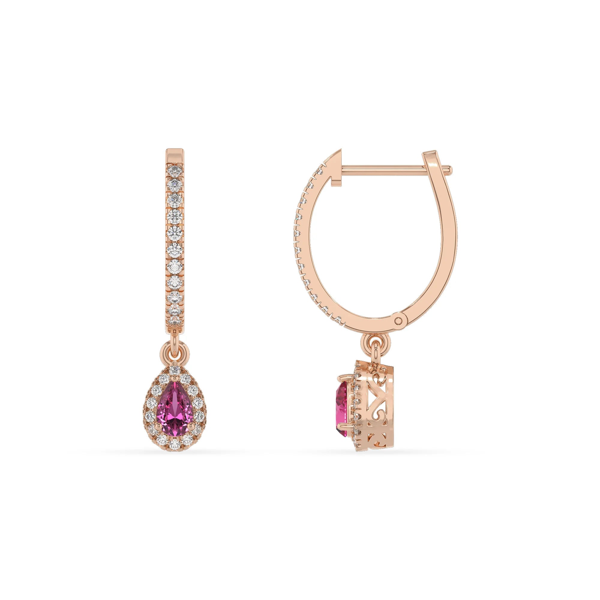 lab grown pink sapphire pear drop earrings in rose gold 