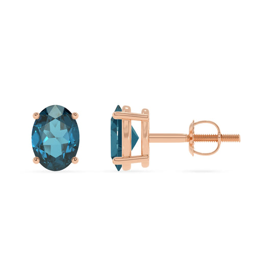 natural london blue topaz oval stud earrings in rose gold 