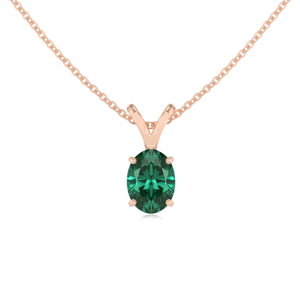 lab grown emerald oval solitaire v-bale necklaces in rose gold 