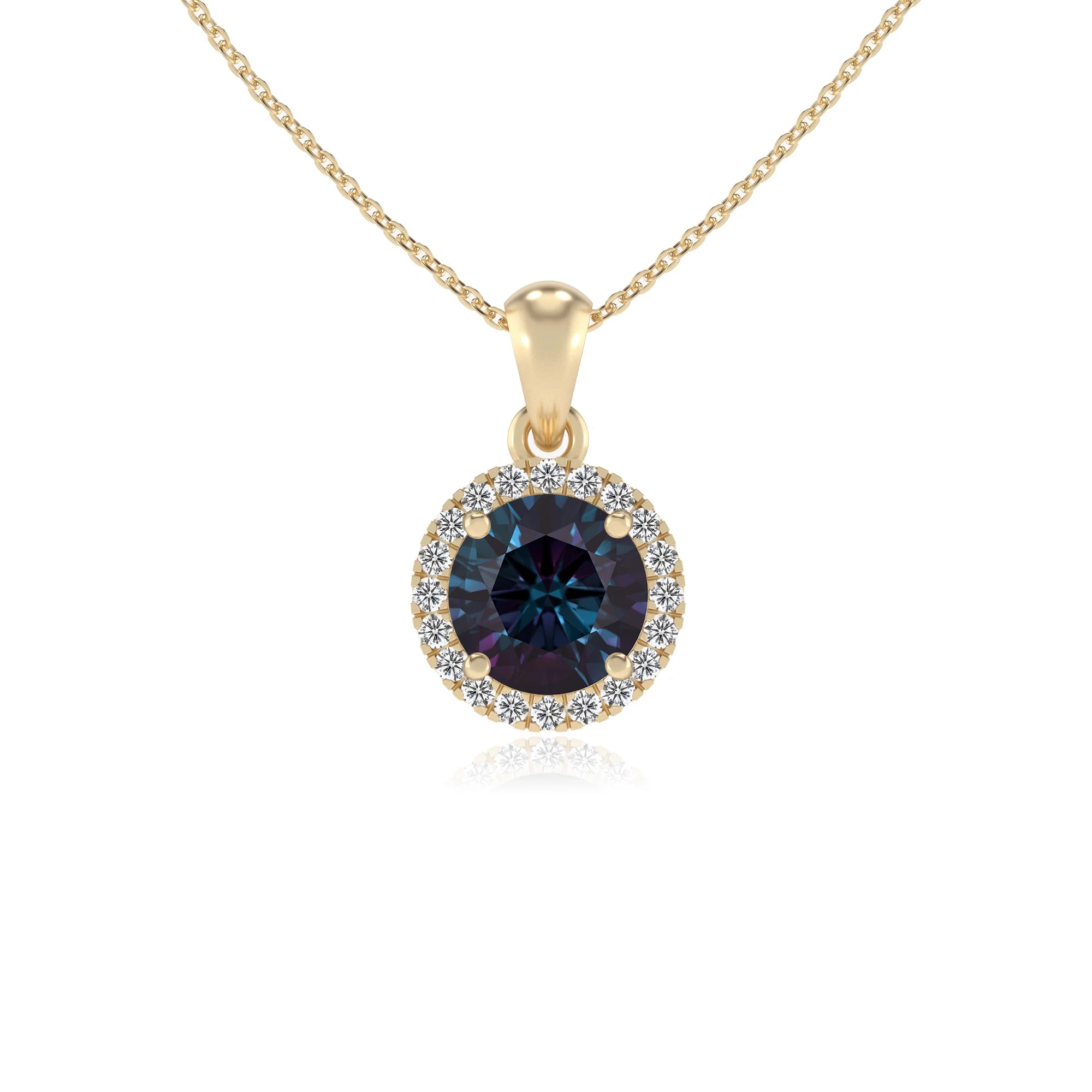 lab grown alexandrite round solitaire necklaces in yellow gold 