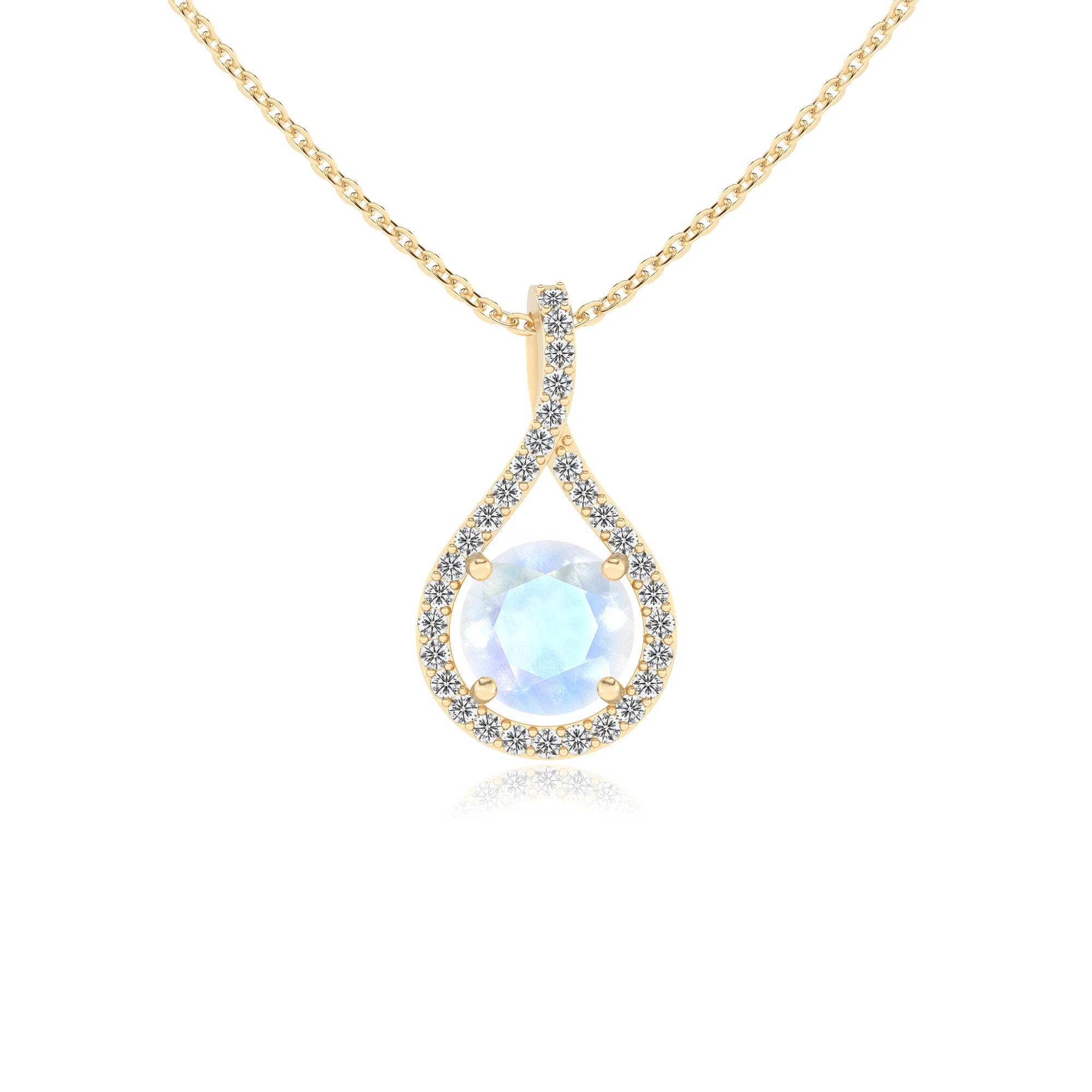 natural rainbow-moonstone round solitaire necklaces in yellow gold 
