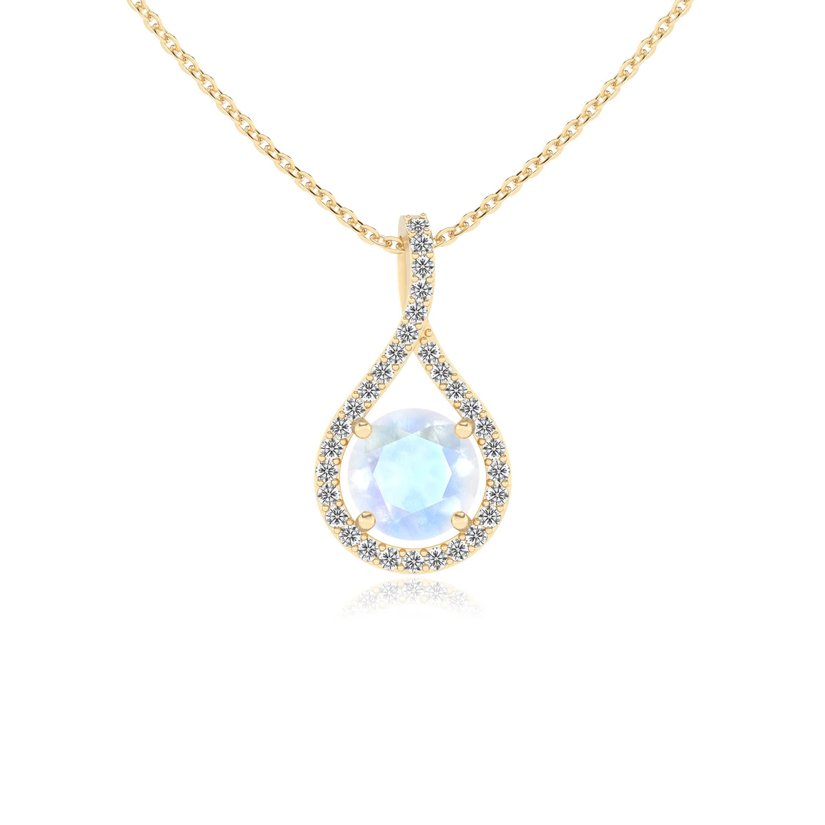 natural rainbow-moonstone round solitaire necklaces in yellow gold 