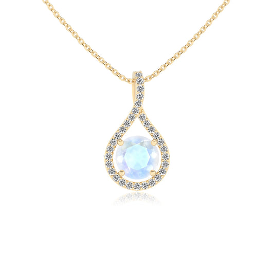 natural rainbow-moonstone round solitaire necklaces in yellow gold 
