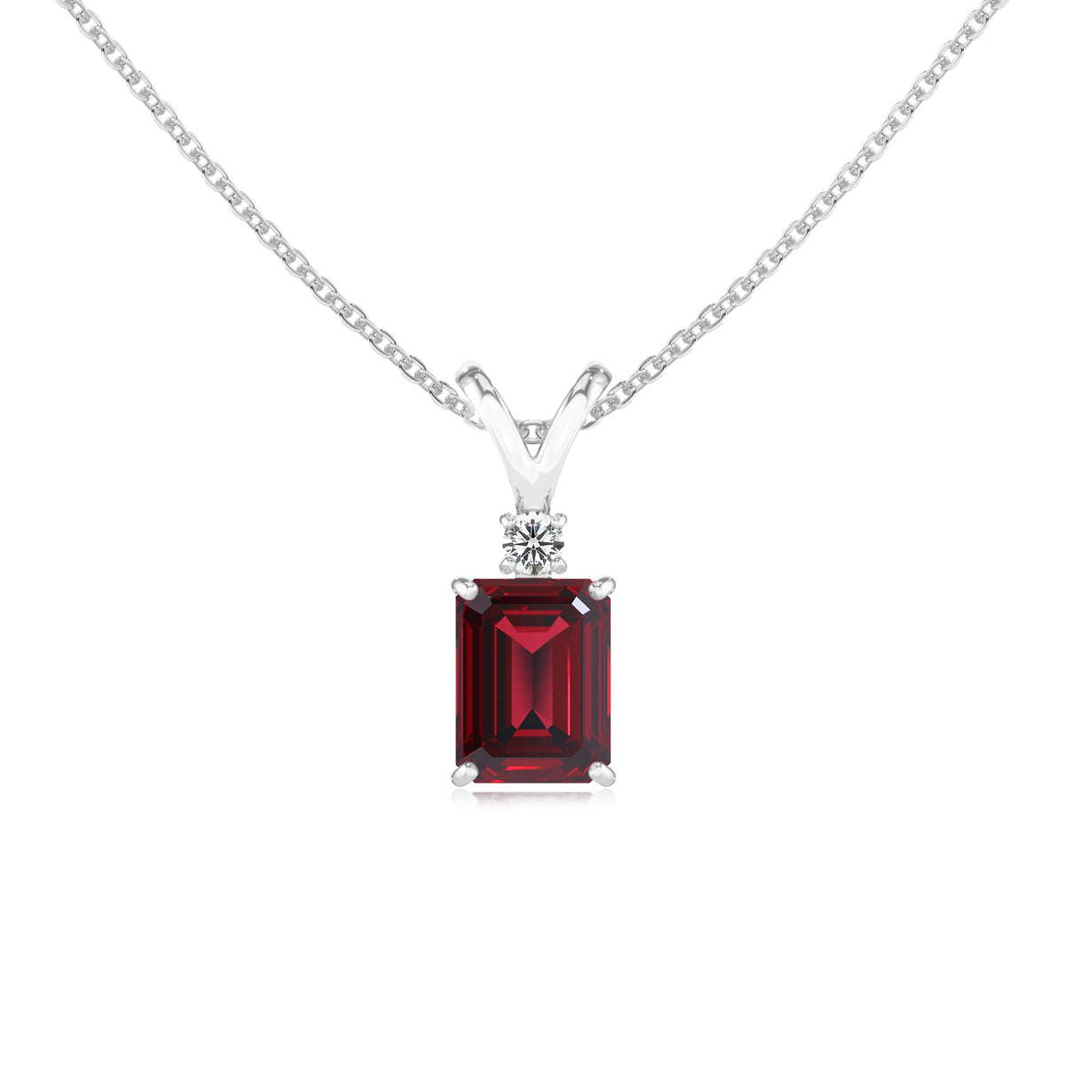 lab grown ruby emerald cut solitaire v-bale necklaces in sterling silver 
