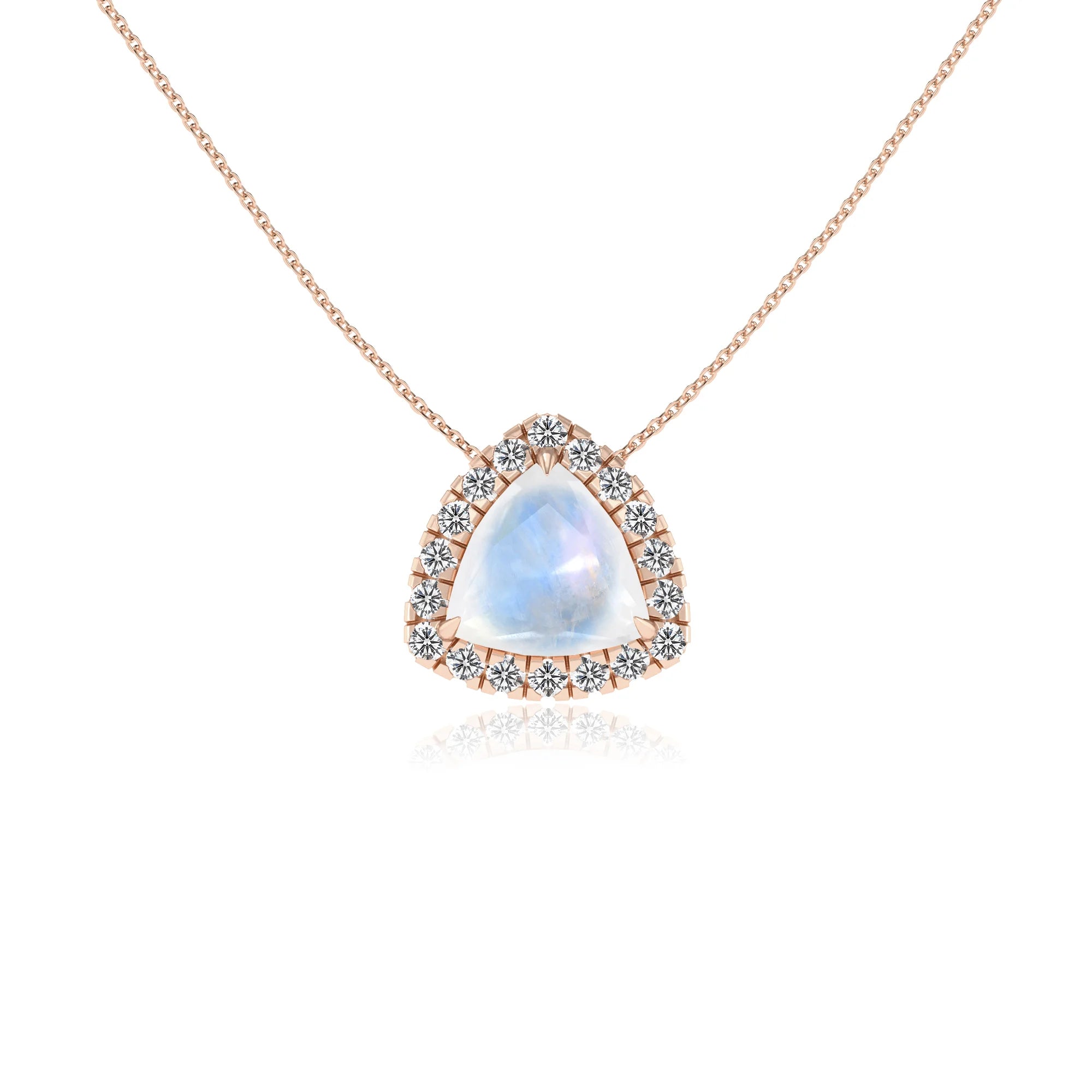 natural rainbow moonstone trillion solitaire necklaces in rose gold 