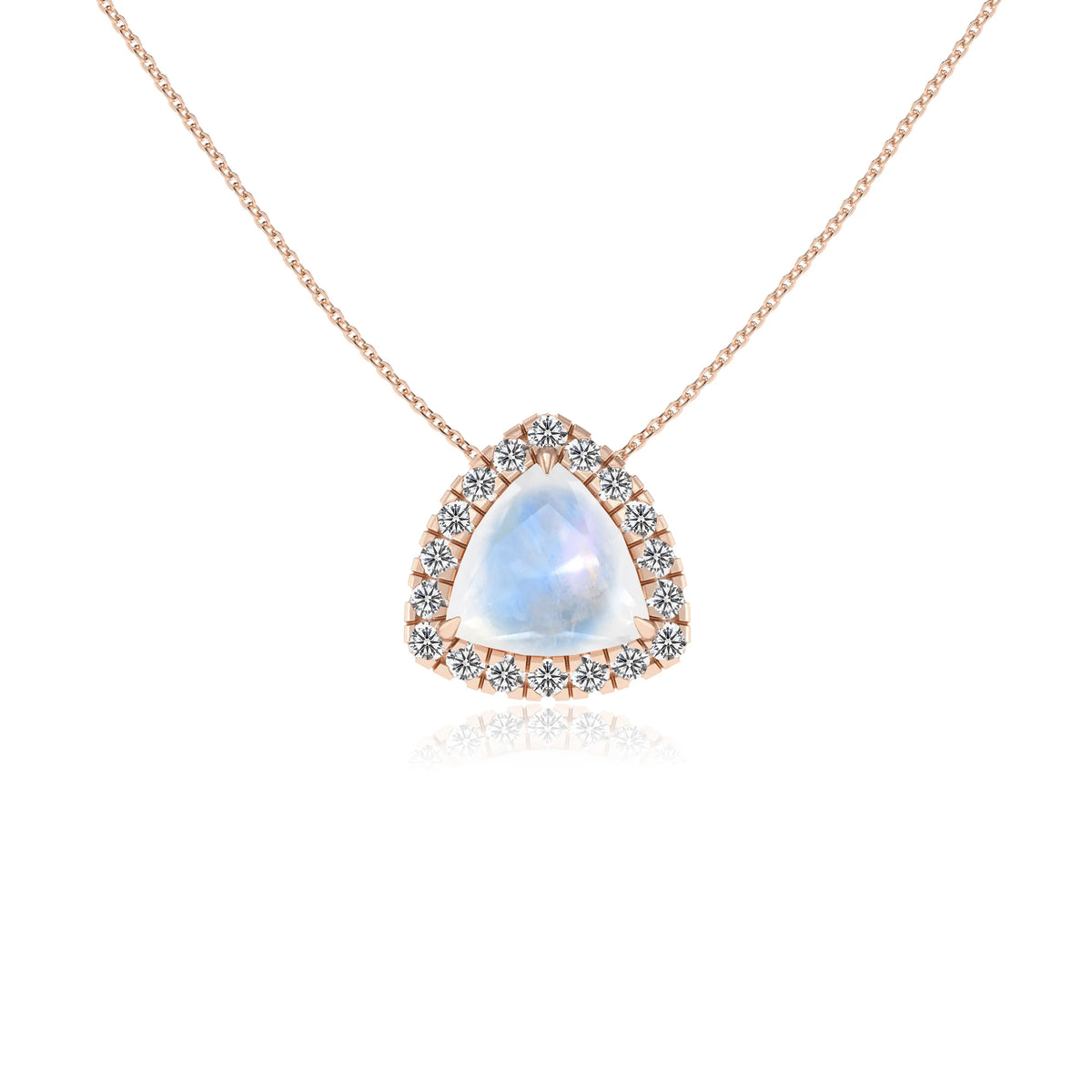 natural rainbow moonstone trillion solitaire necklaces in rose gold 