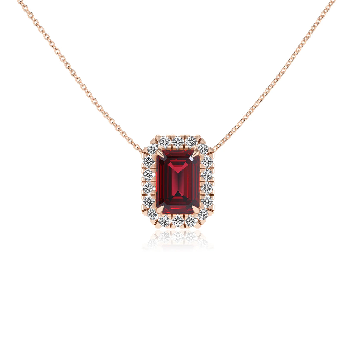 lab grown ruby emerald cut solitaire necklaces in rose gold 