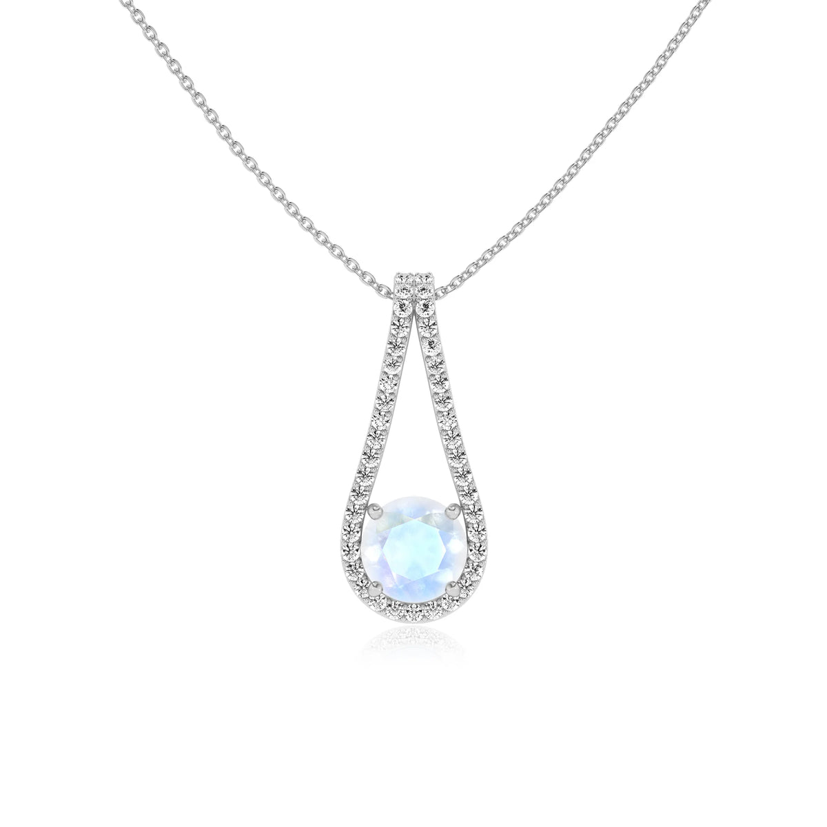natural rainbow-moonstone round solitaire v-bale necklaces in white gold 