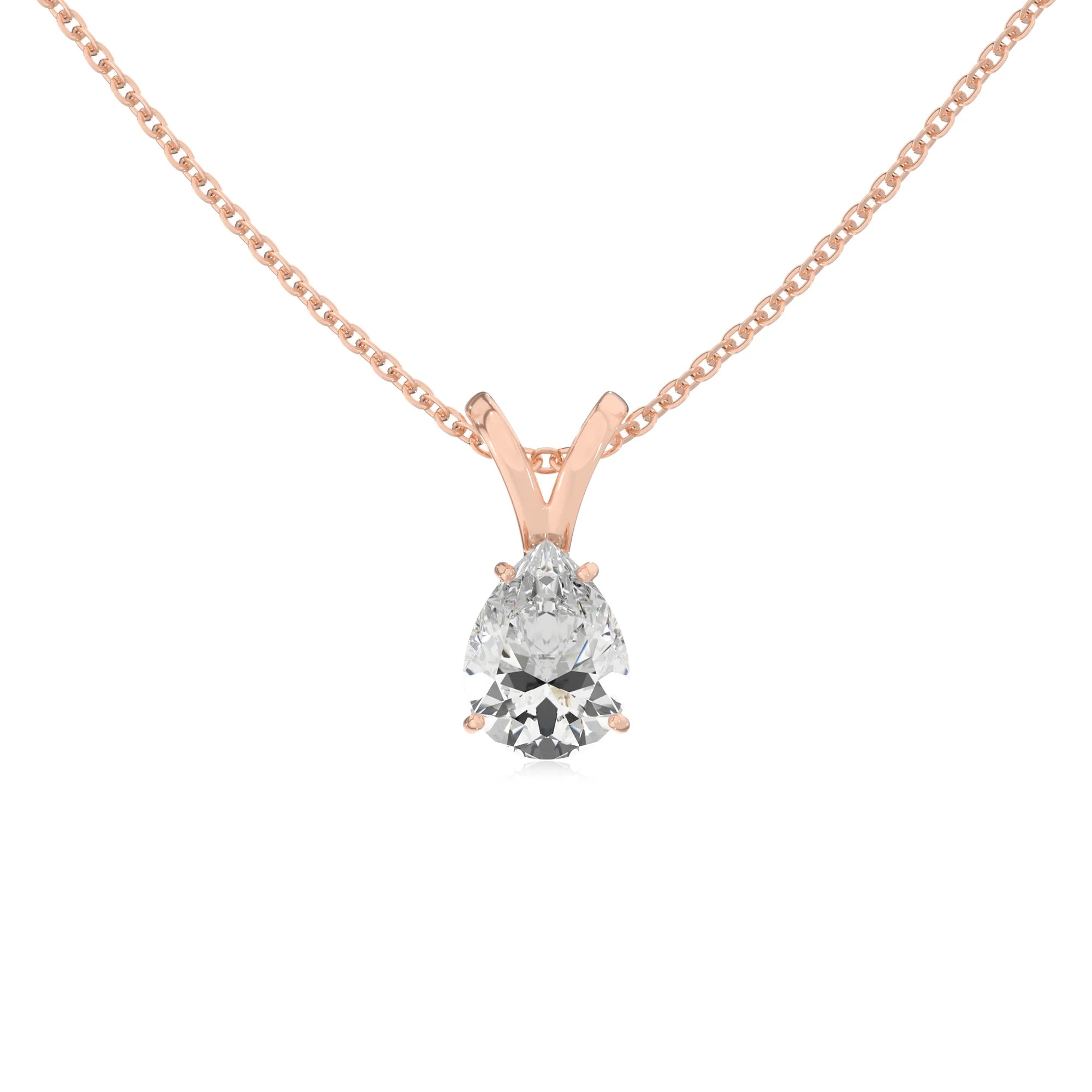 lab grown moissanite pear solitaire v-bale necklaces in rose gold 