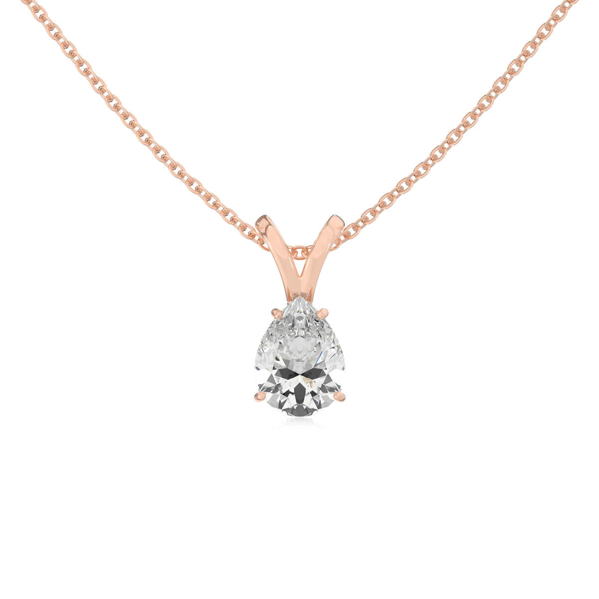 lab grown moissanite pear solitaire v-bale necklaces in rose gold 