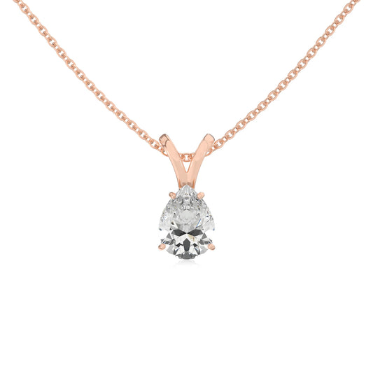 lab grown moissanite pear solitaire v-bale necklaces in rose gold 