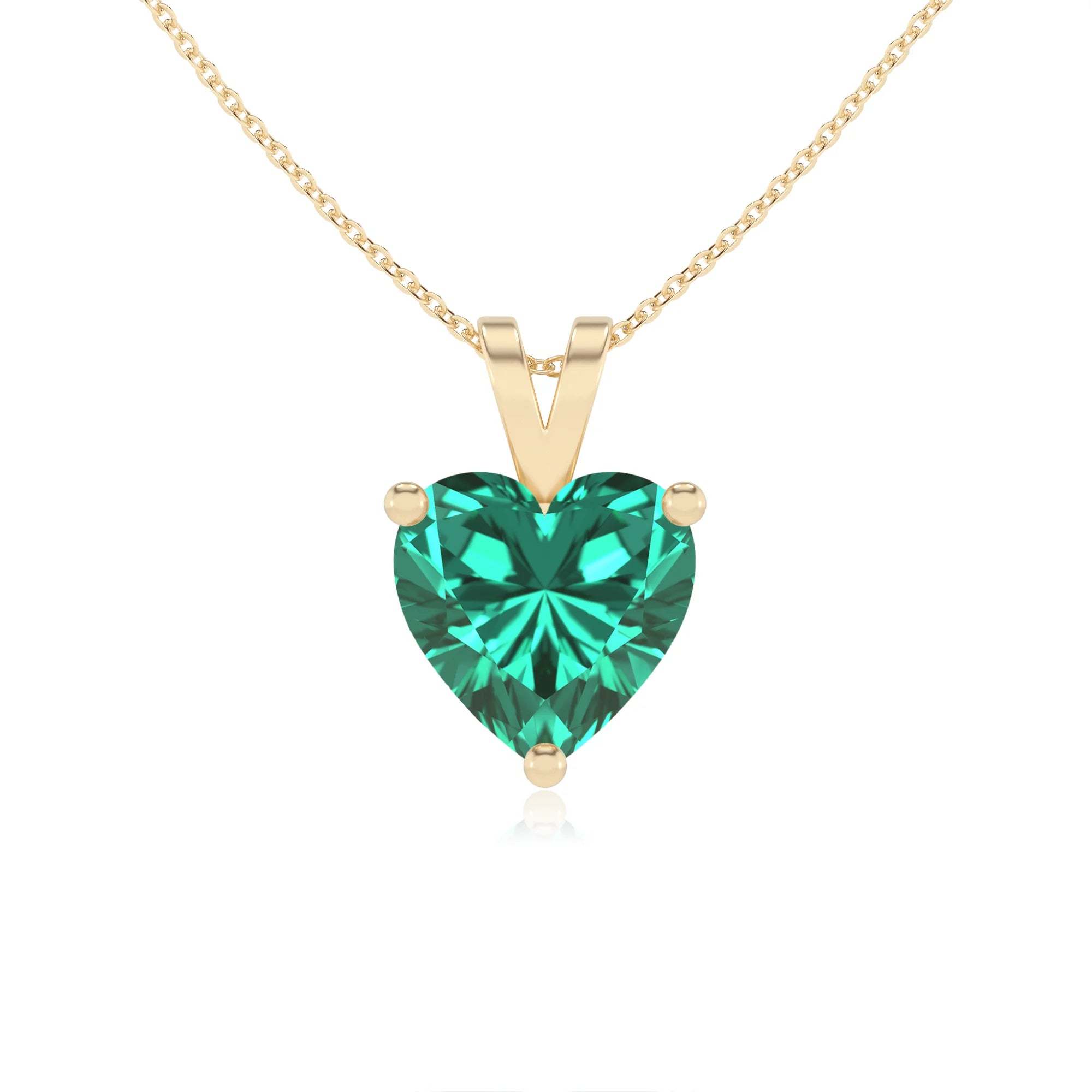 lab grown emerald heart solitaire v-bale necklaces in yellow gold 