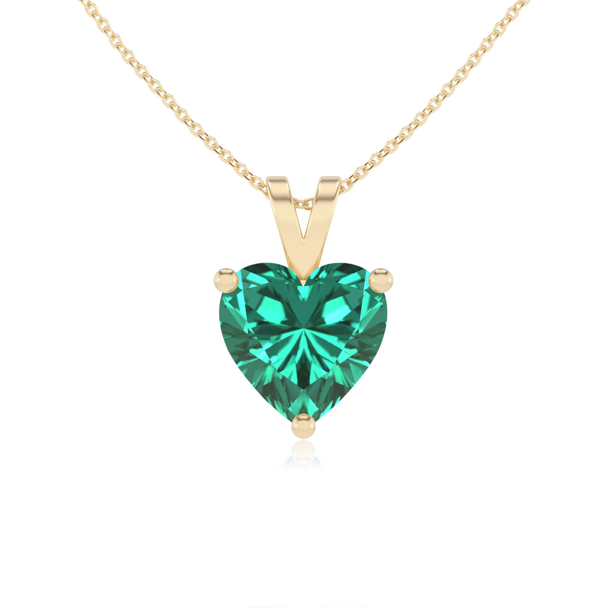 lab grown emerald heart solitaire v-bale necklaces in yellow gold 