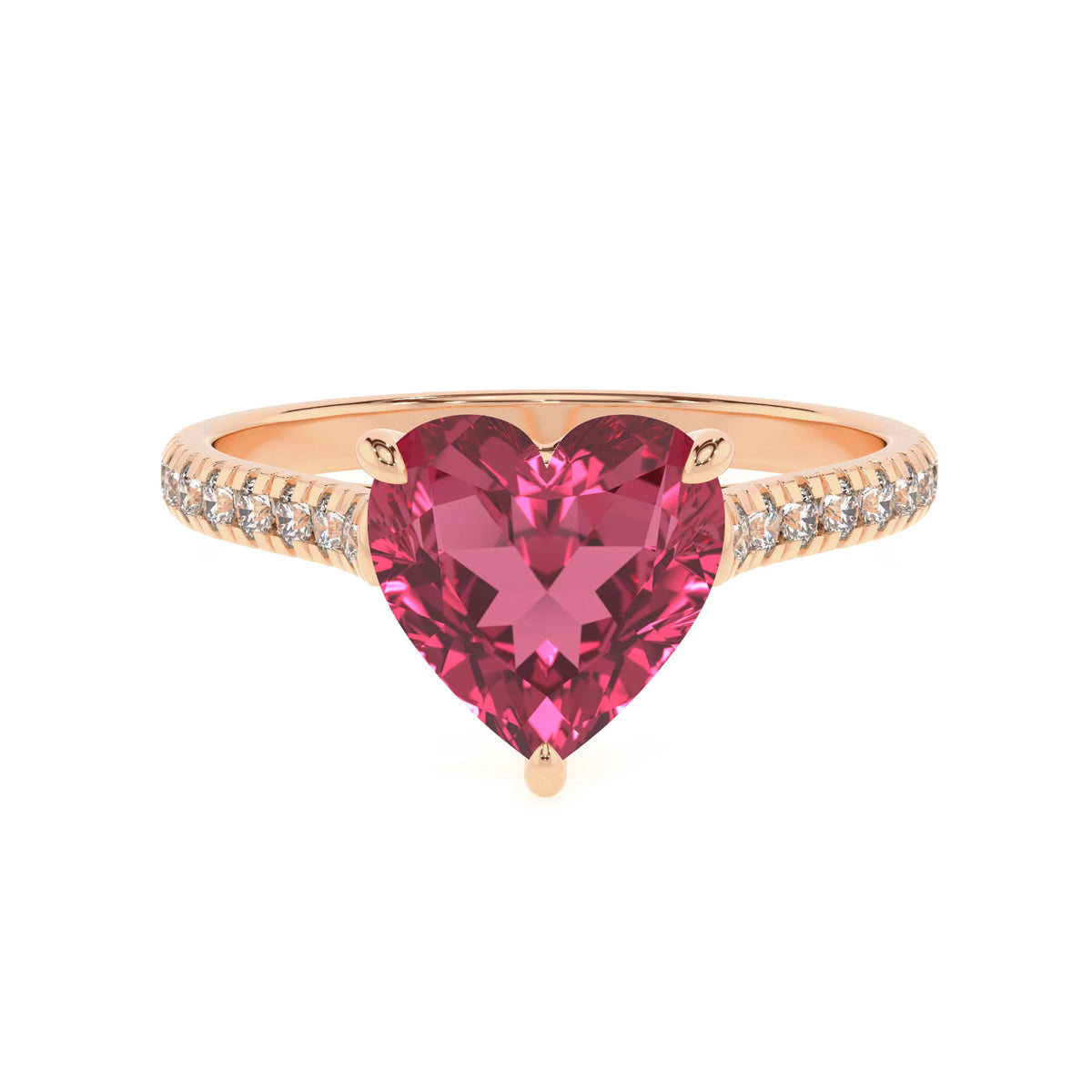 lab grown pink-tourmaline heart half eternity solitaire engagement rings in rose gold 