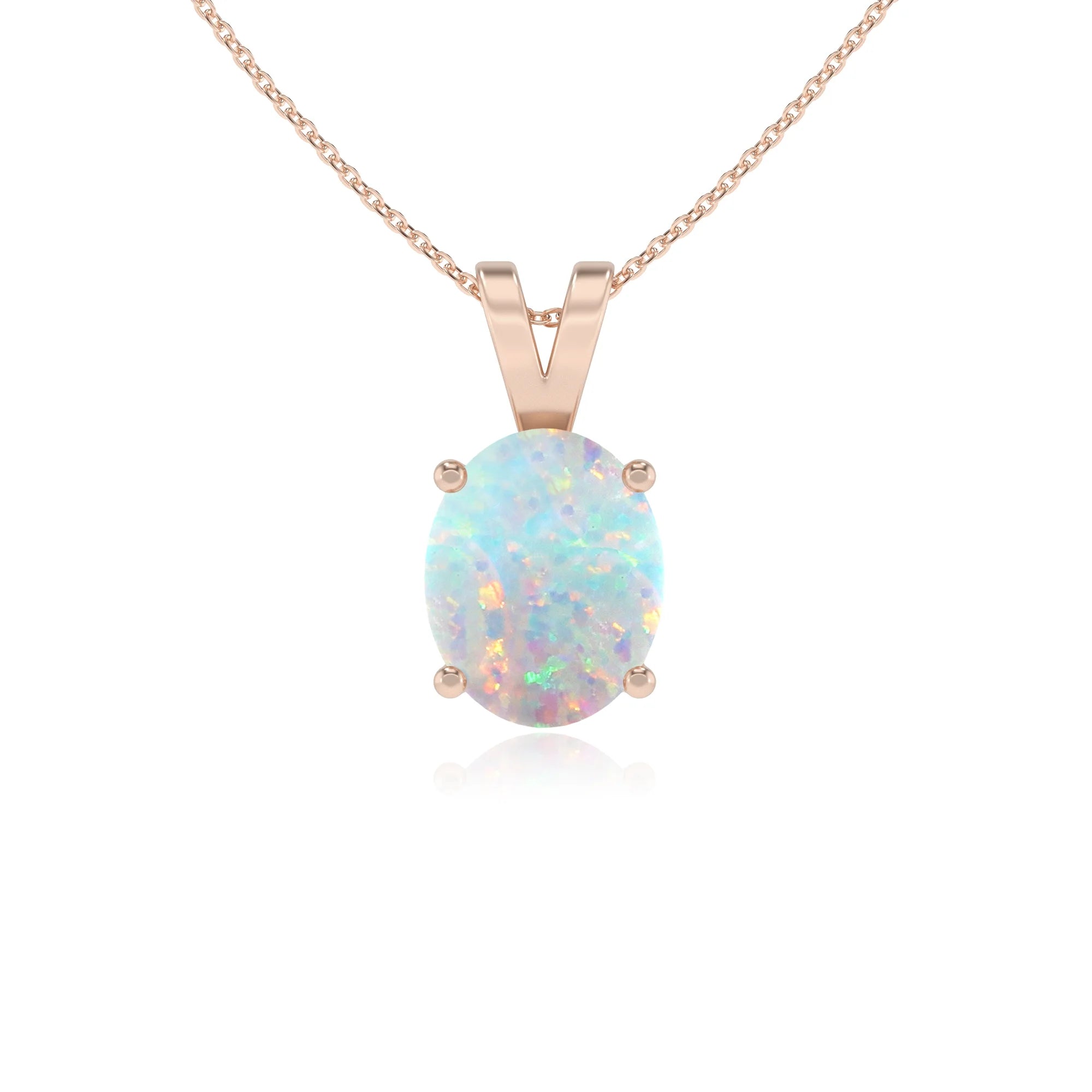 lab grown opal oval solitaire v-bale necklaces in rose gold 