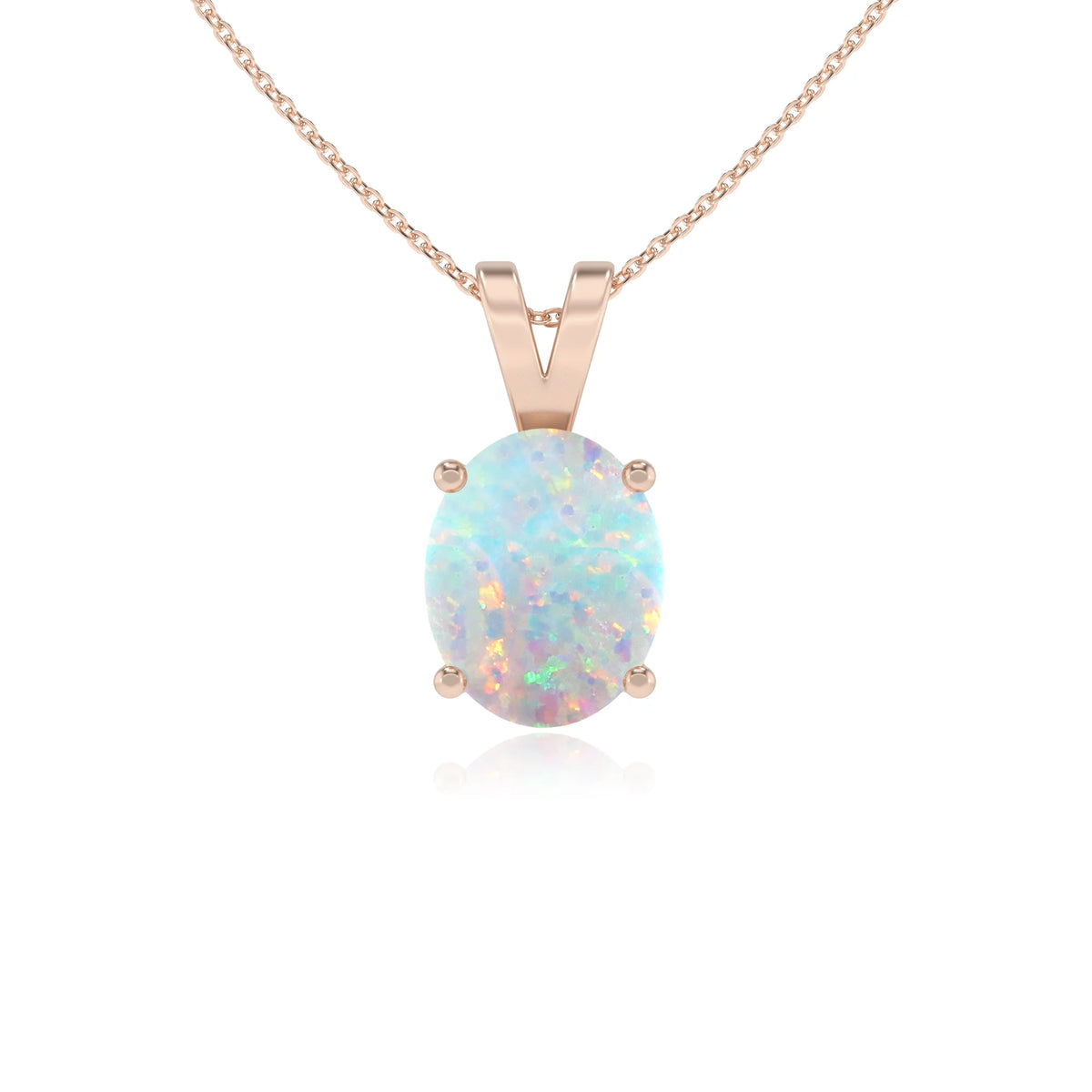 lab grown opal oval solitaire v-bale necklaces in rose gold 