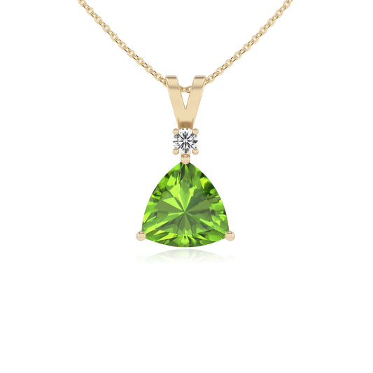 natural peridot trillion solitaire v-bale necklaces in yellow gold 