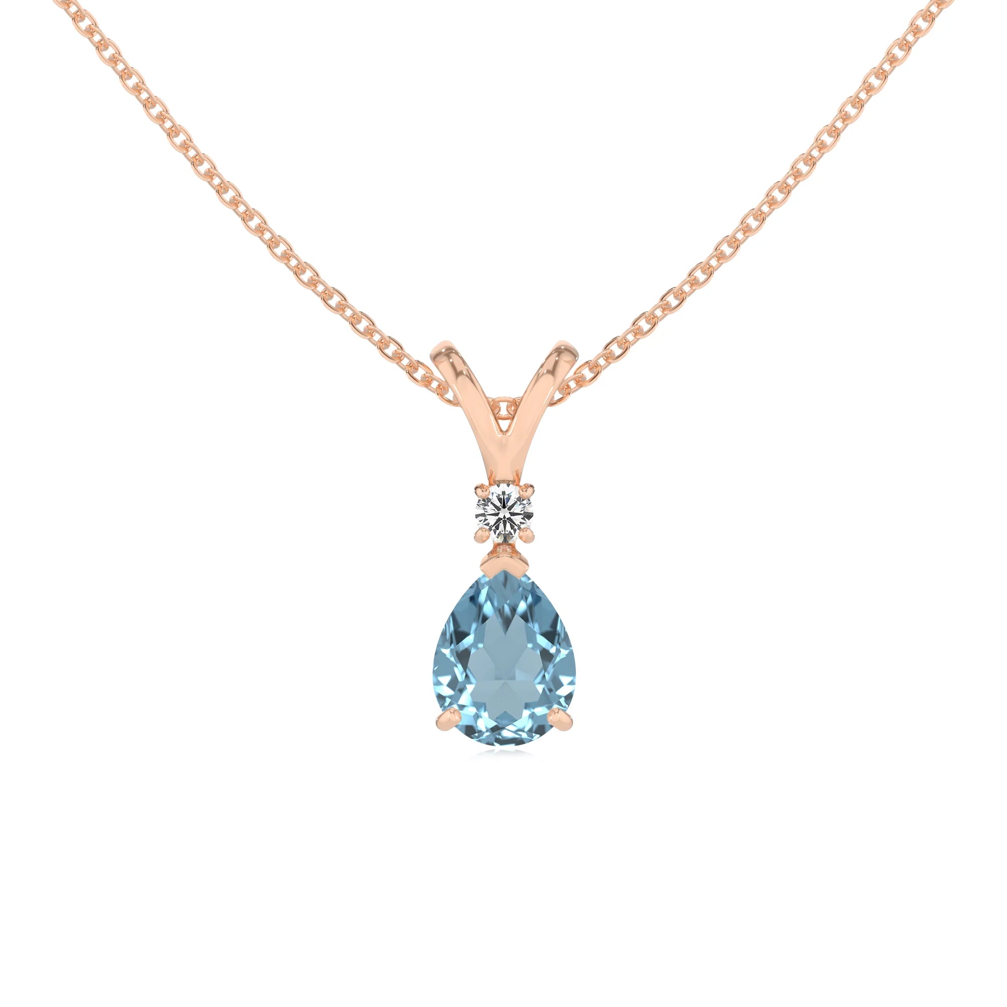 lab grown aquamarine pear solitaire v-bale necklaces in rose gold 
