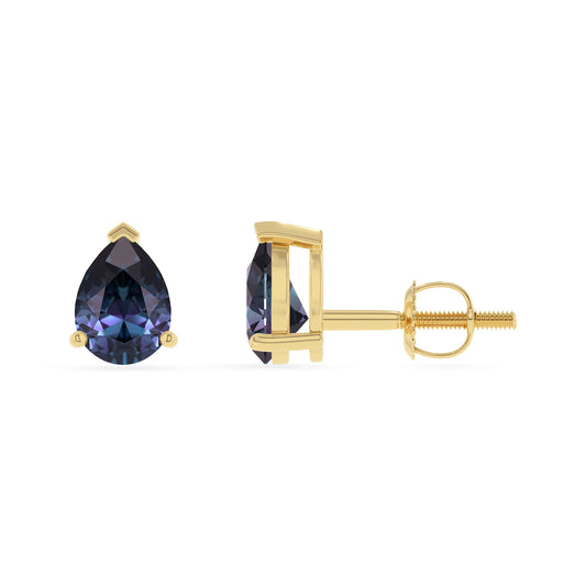 lab grown alexandrite pear stud earrings in yellow gold 