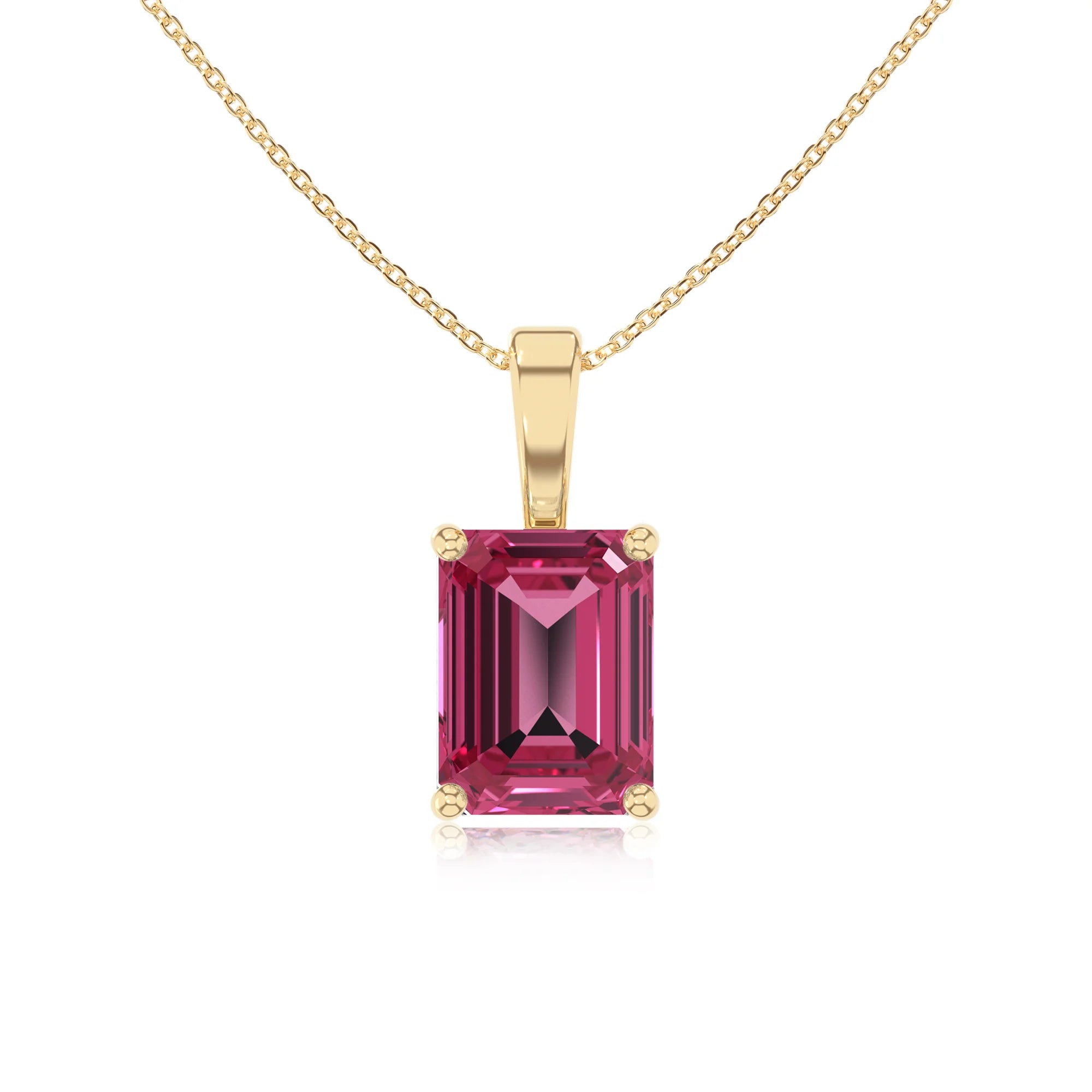 lab grown pink-tourmaline emerald cut solitaire necklaces in yellow gold 