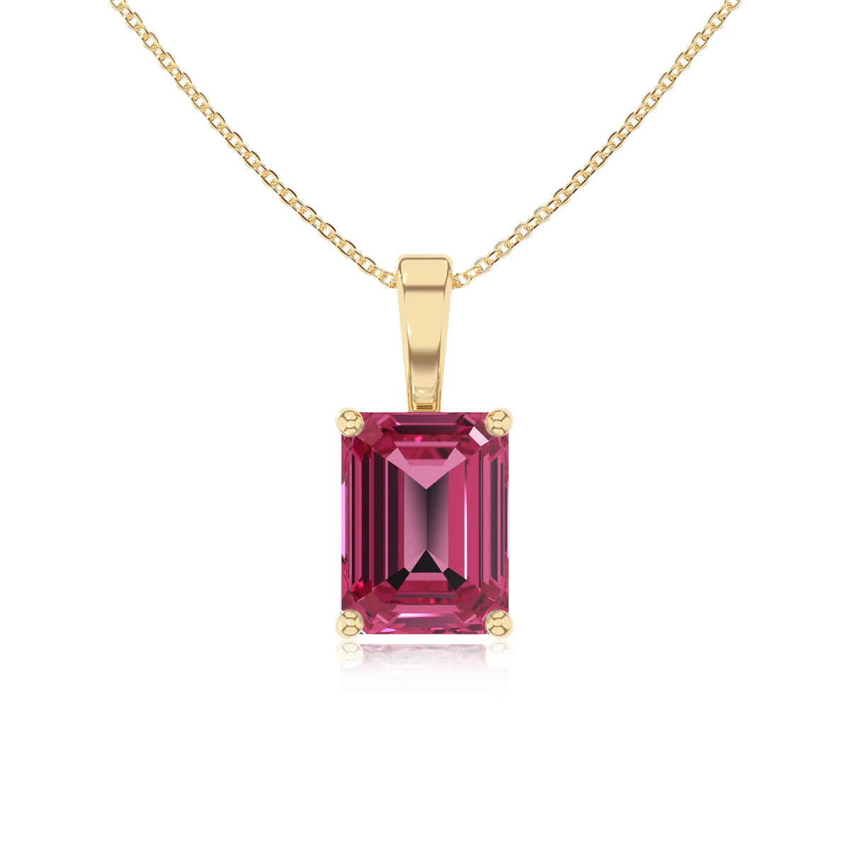 lab grown pink-tourmaline emerald cut solitaire necklaces in yellow gold 
