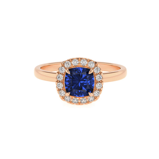 lab grown blue-sapphire cushion solitaire rings in rose gold 