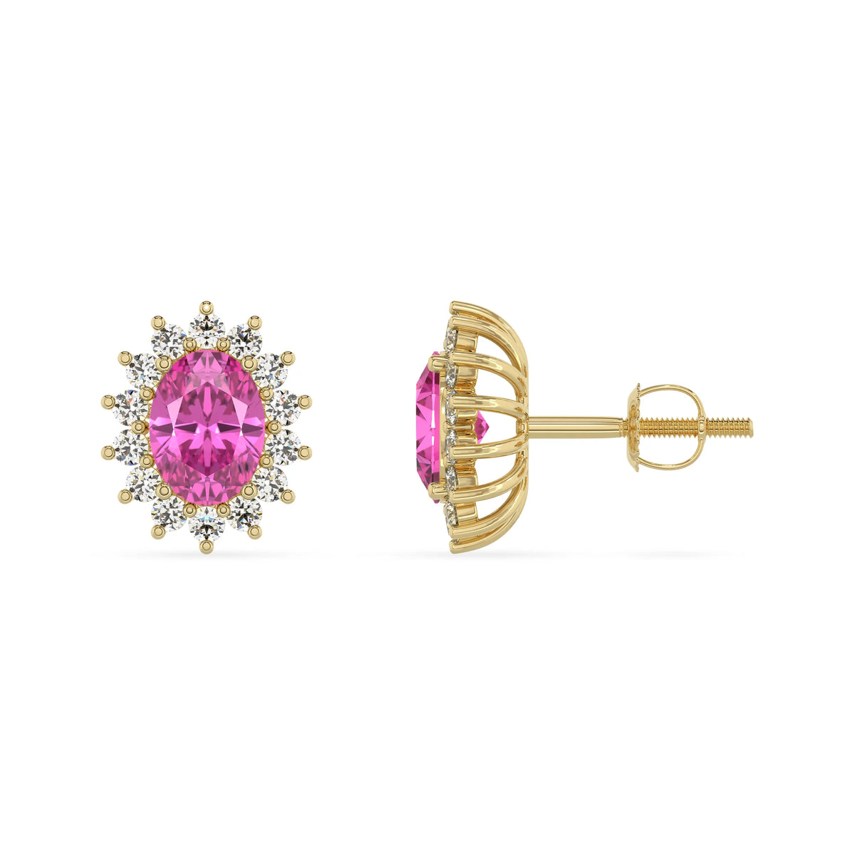 lab grown pink sapphire oval stud earrings in yellow gold 