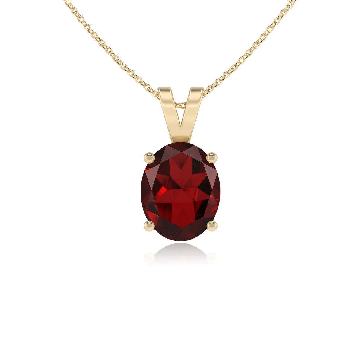 natural garnet oval solitaire v-bale necklaces in yellow gold 