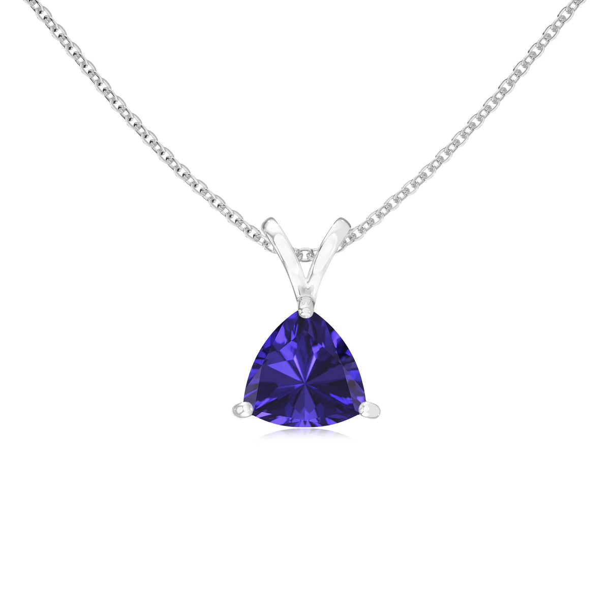 lab grown tanzanite trillion solitaire v-bale necklaces in sterling silver 