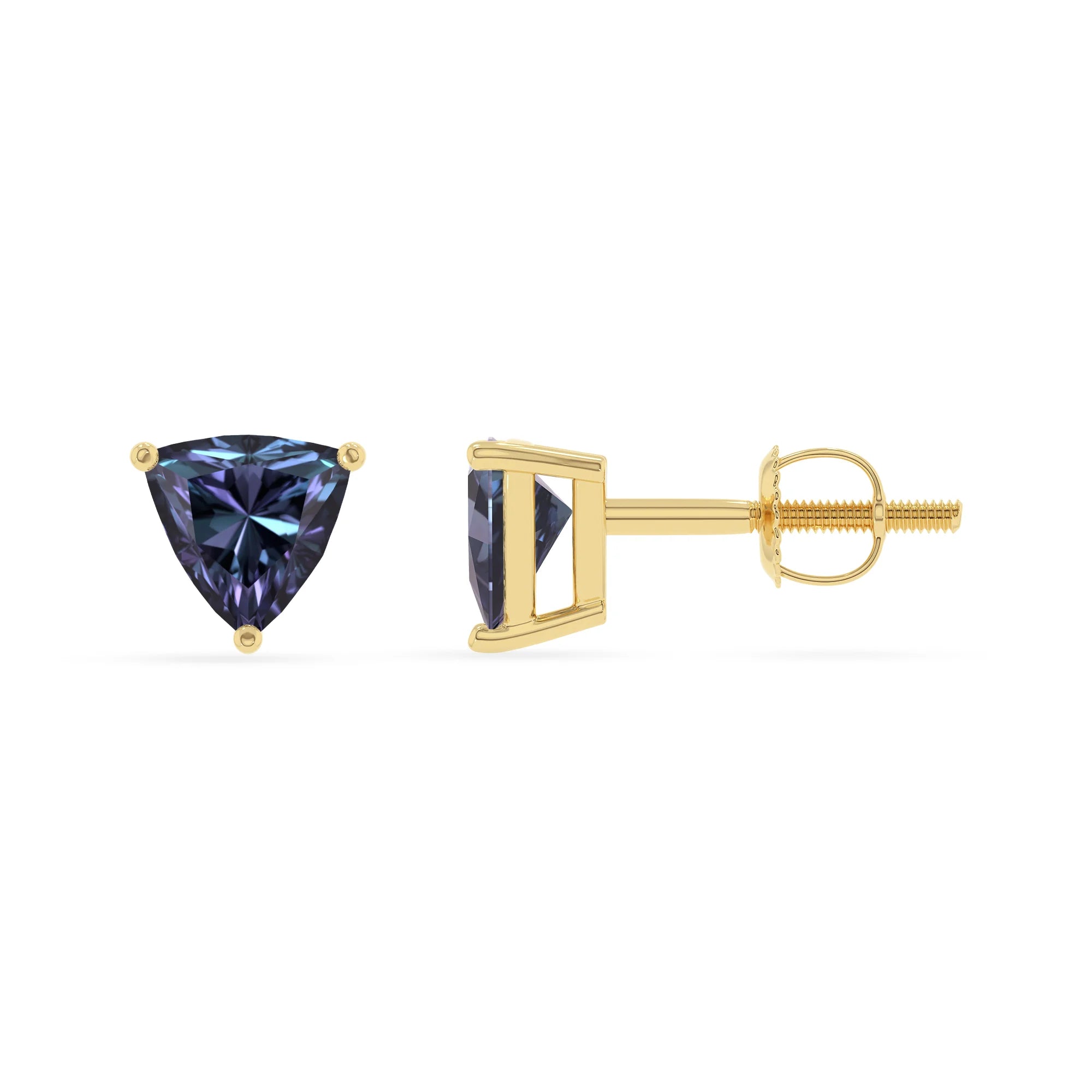 lab grown alexandrite trillion stud earrings in yellow gold 