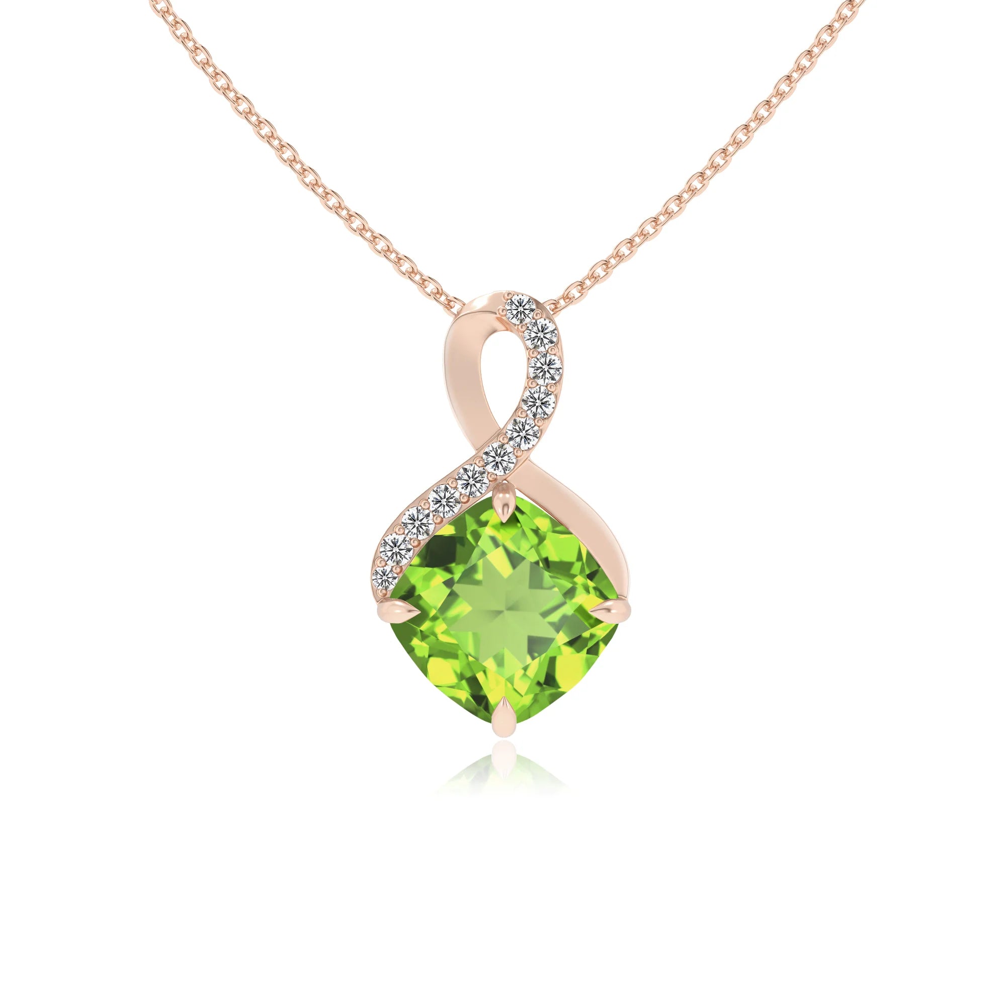 natural peridot cushion infinity necklaces in rose gold 