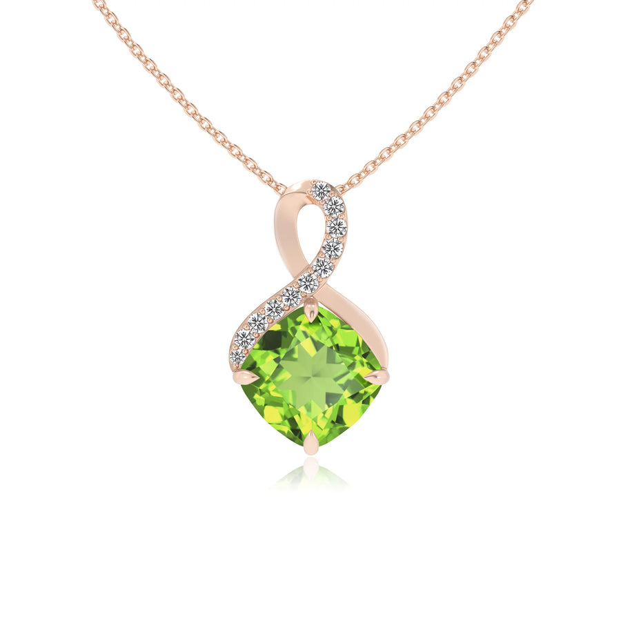natural peridot cushion infinity necklaces in rose gold 