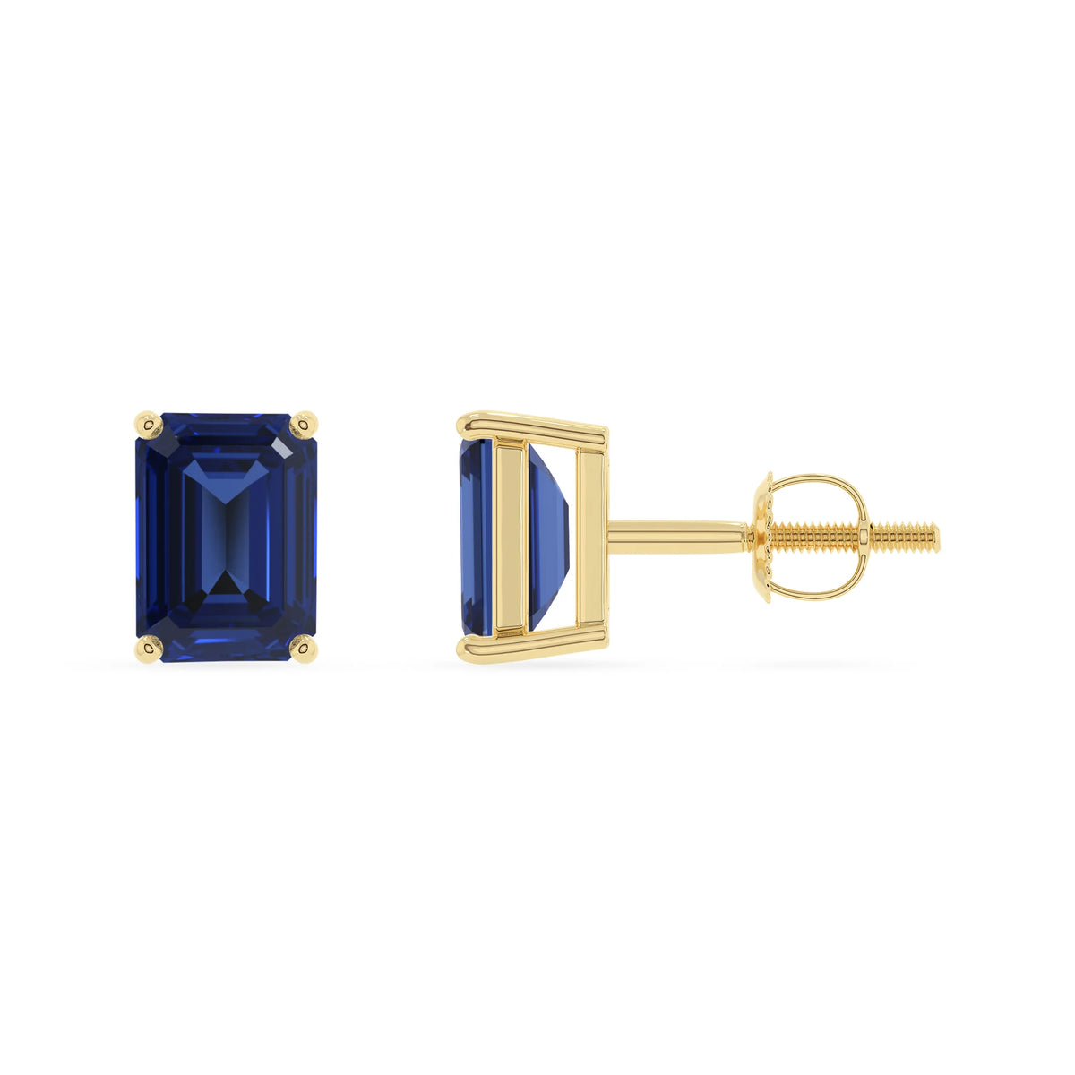 lab grown blue sapphire emerald cut stud earrings in yellow gold 