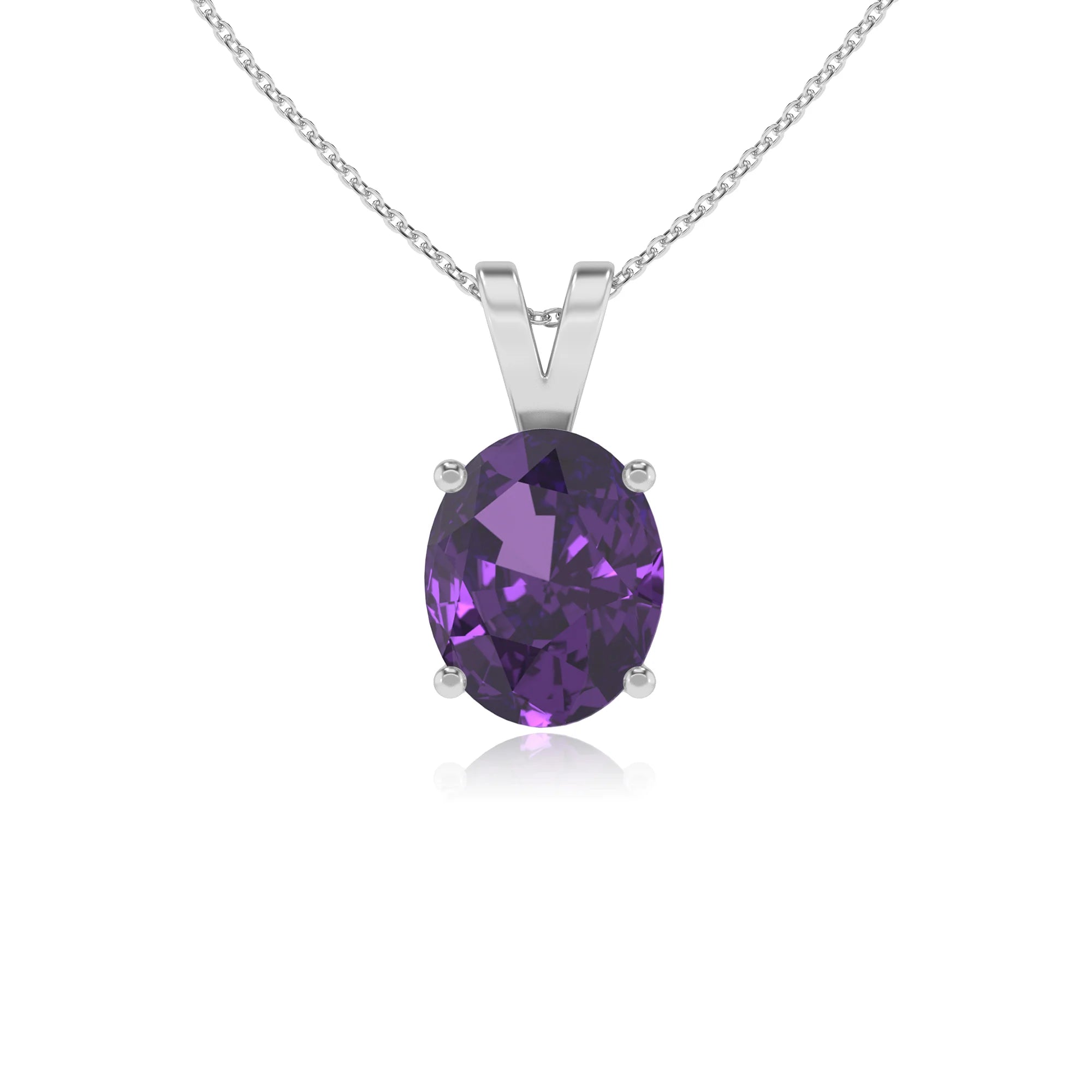 lab grown amethyst oval solitaire v-bale necklaces in white gold 