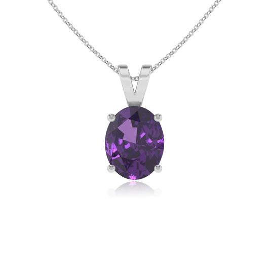 lab grown amethyst oval solitaire v-bale necklaces in white gold 