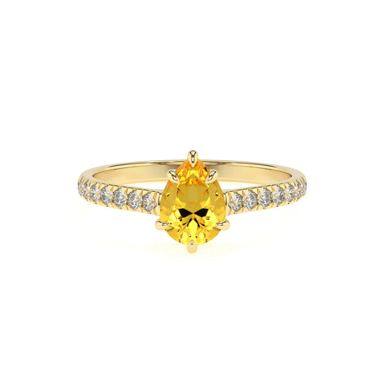 lab grown yellow-sapphire pear half eternity solitaire engagement rings in yellow gold 