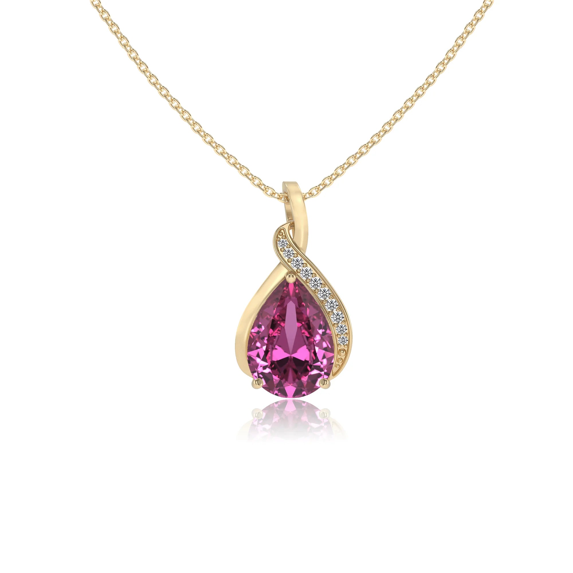lab grown pink-sapphire pear solitaire necklaces in yellow gold 
